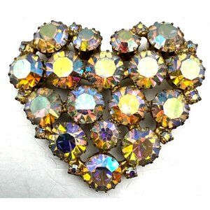 Vintage Aurora Borealis Rhinestone Heart Brooch Gold Tone Crystal Pin